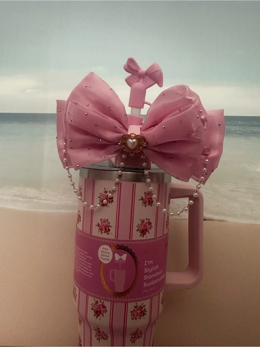 Pink Floral Striped Travel Tumbler with Bow Lid